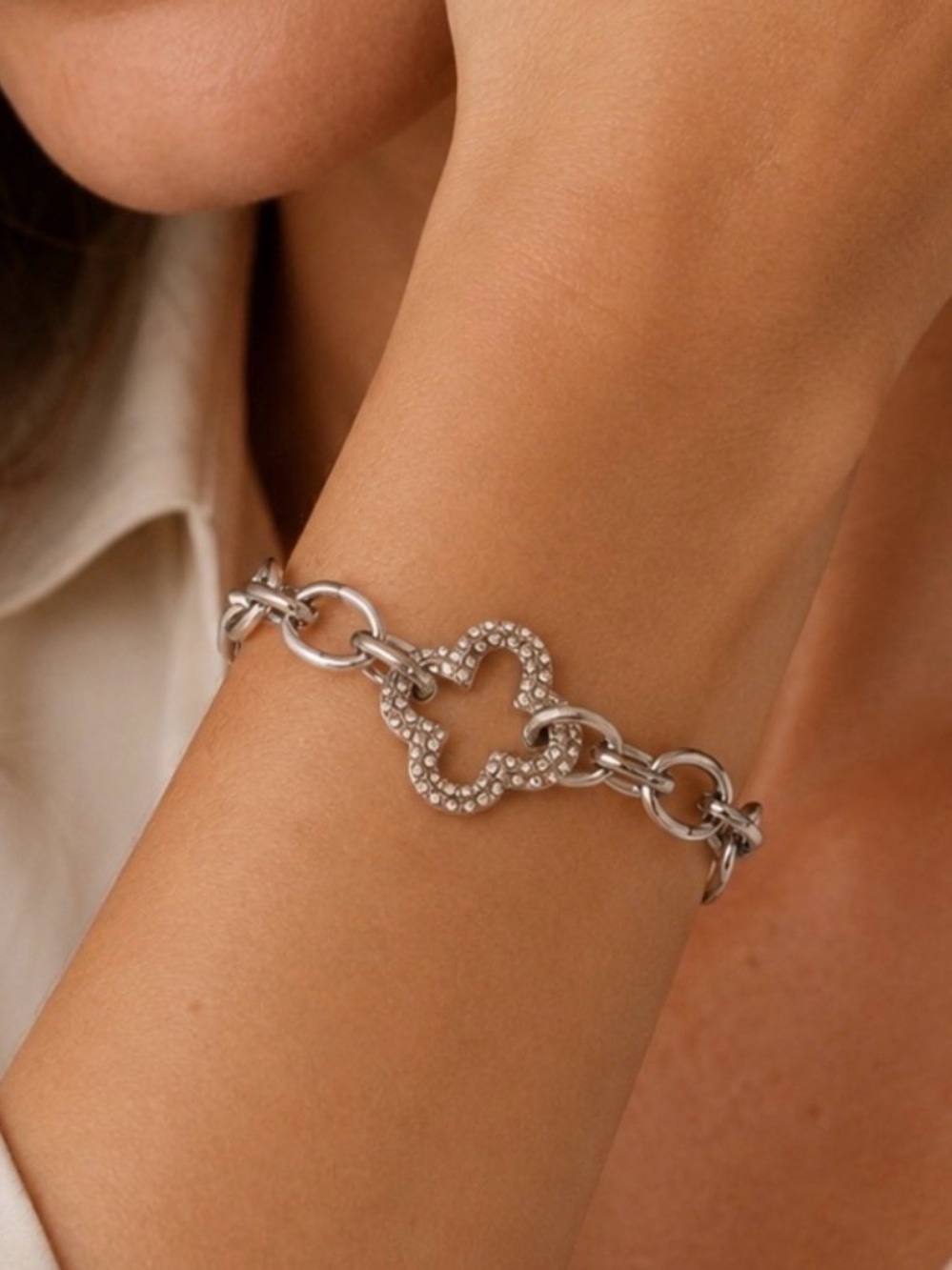 Silver Link Clover Bracelet Four Leaf Lucky Jewelry